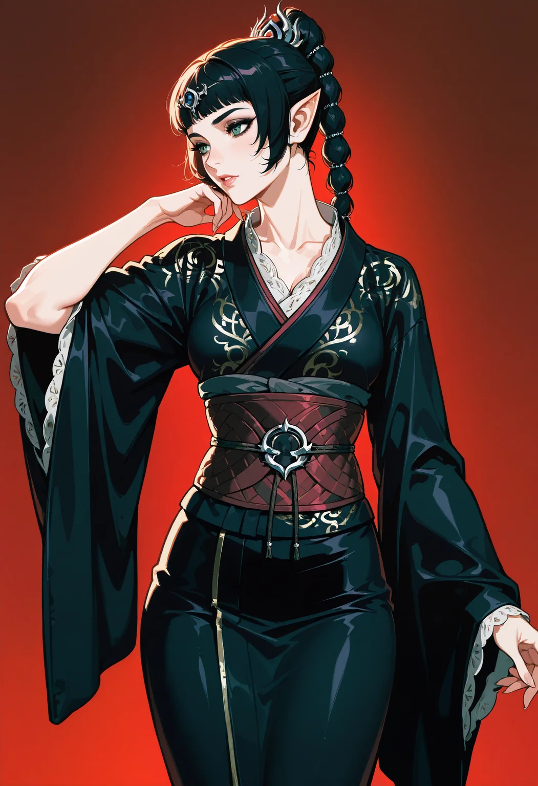 1girl,solo, black kimono, wide sleeves,obi,japanese clothes, shadowheart (baldur's gate)
