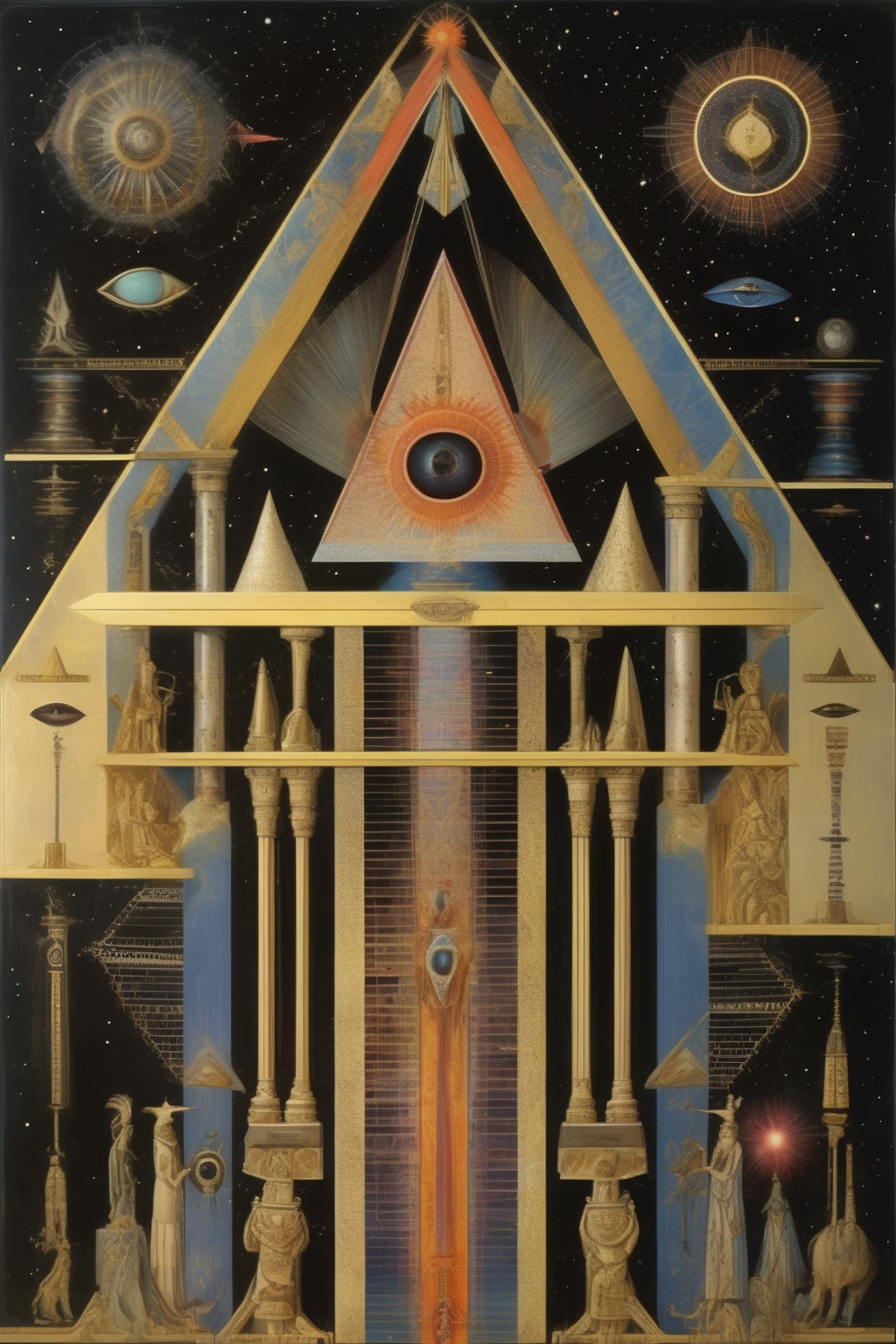 <lora:Paul Laffoley Style:1>Paul Laffoley Style - Cloaked in an aesthetic of obsidian hues, the emblematic sovereign, Cleopatra, materializes within the confines of an uncanny, abstract universe. Architectural configurations of geometric genesis interlace with the mystifying constructs of psychedelic tableau, casting spectral penumbras intermingled with effulgent spectrums of chromatic splendor. The umbral depths augment the vehemence, as convoluted frameworks of intricate lattices, akin to the cosmic complexity of kaleidoscopic edifices, cocoon her existence q2