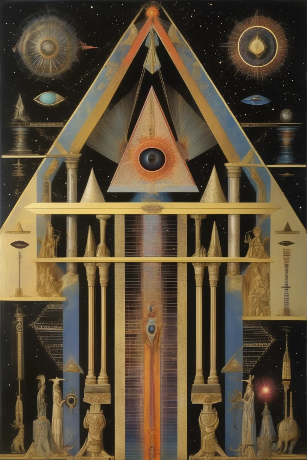 <lora:Paul Laffoley Style:1>Paul Laffoley Style - Cloaked in an aesthetic of obsidian hues, the emblematic sovereign, Cleopatra, materializes within the confines of an uncanny, abstract universe. Architectural configurations of geometric genesis interlace with the mystifying constructs of psychedelic tableau, casting spectral penumbras intermingled with effulgent spectrums of chromatic splendor. The umbral depths augment the vehemence, as convoluted frameworks of intricate lattices, akin to the cosmic complexity of kaleidoscopic edifices, cocoon her existence q2