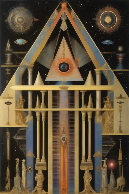 <lora:Paul Laffoley Style:1>Paul Laffoley Style - Cloaked in an aesthetic of obsidian hues, the emblematic sovereign, Cleopatra, materializes within the confines of an uncanny, abstract universe. Architectural configurations of geometric genesis interlace with the mystifying constructs of psychedelic tableau, casting spectral penumbras intermingled with effulgent spectrums of chromatic splendor. The umbral depths augment the vehemence, as convoluted frameworks of intricate lattices, akin to the cosmic complexity of kaleidoscopic edifices, cocoon her existence q2