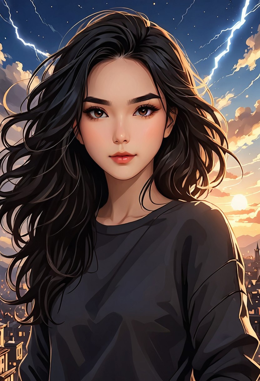 Score_9, score_8_up, score_7_up, score_6_up, (absurdres, best quality, (masterpiece:1.4), very detailed clothings), intricate detail, realism,
((the-same-person-only-from-now-on, set-up-on-the-following-description, always-the-same-look)), 1girl, black hair, long messy hair, light toned skin, brown sweater, selfie, view from above, upper body view, artistic background, stylized, dramatic lightning,