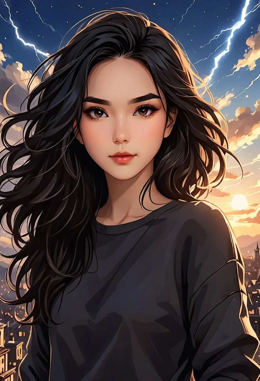 Score_9, score_8_up, score_7_up, score_6_up, (absurdres, best quality, (masterpiece:1.4), very detailed clothings), intricate detail, realism,
((the-same-person-only-from-now-on, set-up-on-the-following-description, always-the-same-look)), 1girl, black hair, long messy hair, light toned skin, brown sweater, selfie, view from above, upper body view, artistic background, stylized, dramatic lightning,