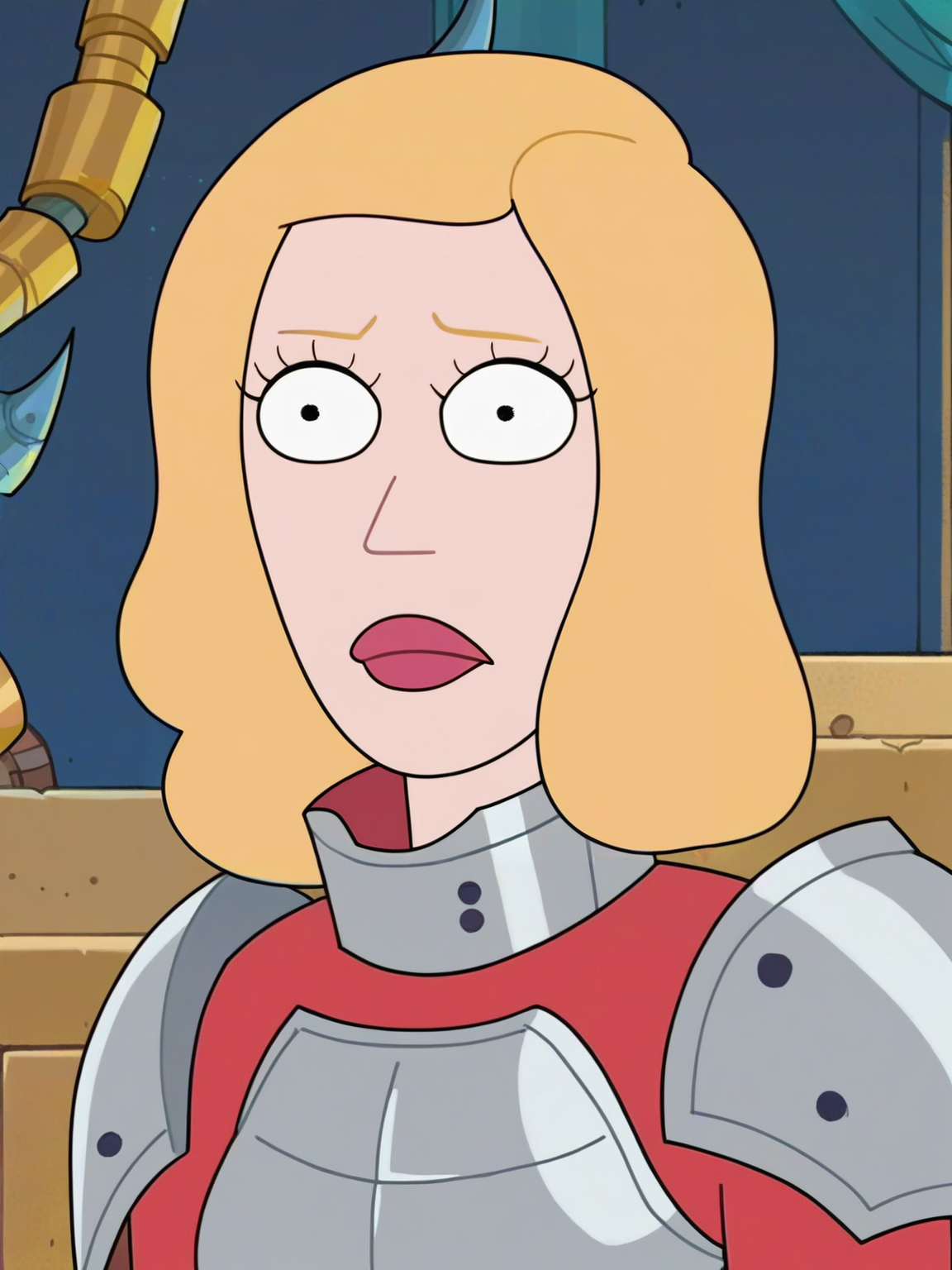 <lora:Beth_SmithV2:0.8> b_s, 1girl, blonde hair, pupils black dots, red lips,   ((steel knight armor)), castle background, score_9, score_8_up, score_7_up,