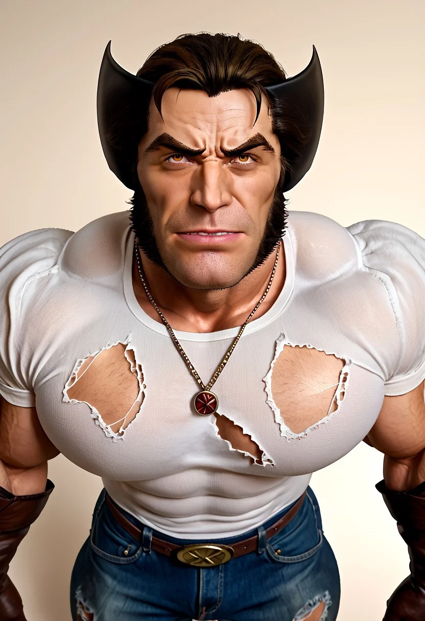1boy, x_wolverine, black hair, black sideburns, stubble, white t-shirt, blue jeans, brown boots, necklace, muscular, hairy body,, wolverine, solo, 1boy, pleasure face, muscular male, masculine male
, wolverine, cocky smirk, big pecs, looking at viewer, pectoral focus, hairy,
, hands out of frame, view from above, detailed face, detailed eyes
, <lora:Ripped-Saurian_Style_PonySDXL-000018:1>, score_9, score_8_up,