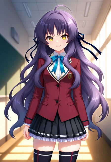 masterpiece, best quality, amazing quality, 1girl, solo, (portrait:1.2), riekoww, yellow eyes, purple hair, long hair, very long hair, dark blue hair ribbon, ahoge, small breasts, school uniform, red blazer, white collared shirt, long sleeves, bluee neck ribbon, black pleated skirt, petticoat, zettai ryouiki, black thighhighs, looking at viewer, smile, indoors, day, skindentation, detailed clothing folds, depth of field, sharp, high contrast, dynamic light <lora:Ookawa_Rieko_Hime-sama_Gomeirei_o_ill:0.8>