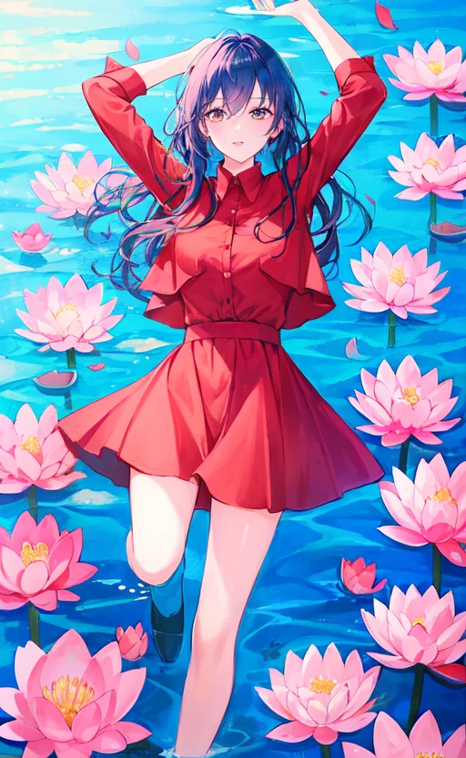 Samia, girl, solo, shirt, looking at you, face, perfect, flowers, high quality, radiant, knight, godly, red shirt, red velvet, water, ocean, lotus