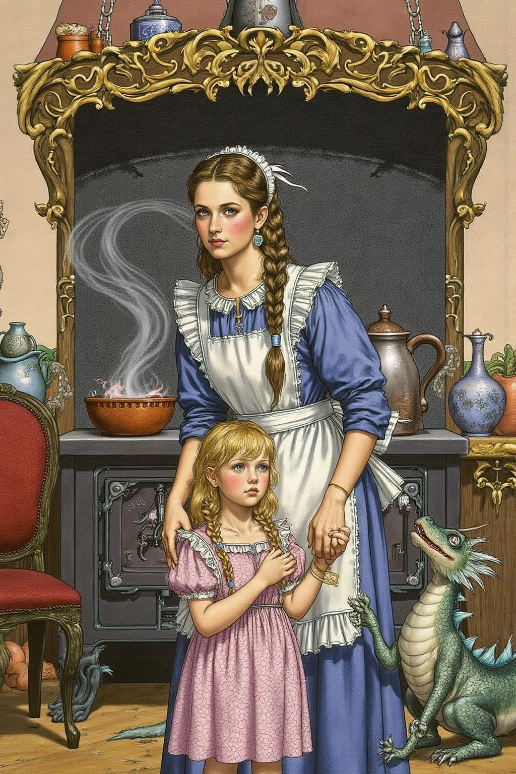 jole1 illustration.
Depiction of a young woman and a young girl in a side view. They are in an antique kitchen with a stove. The woman, with long, braided hair, is dressed in a blue dress with a white apron, holding a child's hand. There is a small dragon beside the stove. There is a red chair on the left side of the image.
 <lora:jole1_cap_d6a3e12:1.0><lora:825852126027662864:0>
