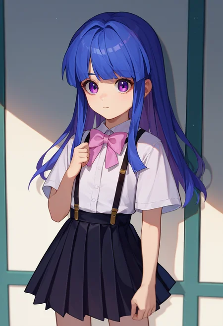score_9, score_8_up, score_7_up, source_anime, 1girl, furude rika, blue hair, purple eyes, white shirt, pink bow, suspenders, black skirt <lora:Furude Rika-000010:1>
