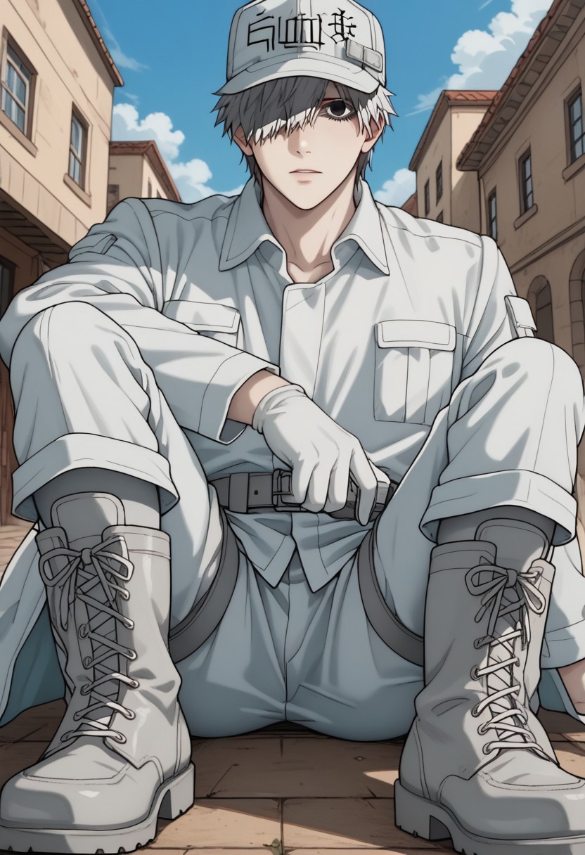 score_9, score_8_up, score_7_up, source_anime, rating_safe, Neucell, 1boy, male focus, anime screencap, black eye, pale skin, white cap, collared white shirt, white pants, white gloves, grey belt, grey thigh strap, white boots, hands with five fingers, foreshortening, looking at viewer, hud_sh03_sh0w