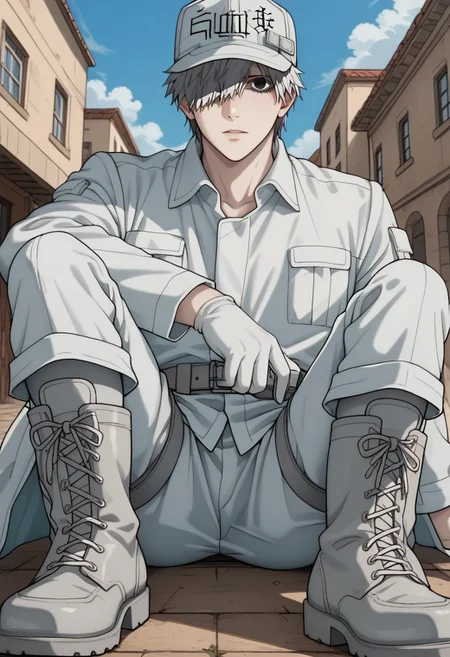 score_9, score_8_up, score_7_up, source_anime, rating_safe, Neucell, 1boy, male focus, anime screencap, black eye, pale skin, white cap, collared white shirt, white pants, white gloves, grey belt, grey thigh strap, white boots, hands with five fingers, foreshortening, looking at viewer, hud_sh03_sh0w