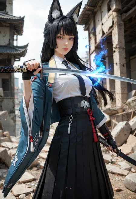 source_anime, score_9,score_8_up,score_7_up,score_6_up,score_5_up,score_4_up, angled, looking at viewer, modern city, ruins, dynamic pose, battle pose, action, wielding katana, lunging, slashing, blue fire, ice energy, slashing graphics, swinging sword, focused, intense expression, foreshortening, zzzmiyabi, miyabi hoshimi, animal ear fluff, animal ears, black hair, bright pupils, fox ears, fox girl, half updo, long hair, red eyes, samurai armor, buckled girdle, sidelocks, white pupils, asymmetrical gloves, black gloves, black necktie, black skirt, blue jacket, collared shirt, fingerless gloves, gloves, high-waist skirt, jacket, pantyhose, long skirt, necktie, shirt, side slit, single fingerless glove, skirt, white shirt, wide sleeves, one sleeve off shoulder, armored arm, scabbard