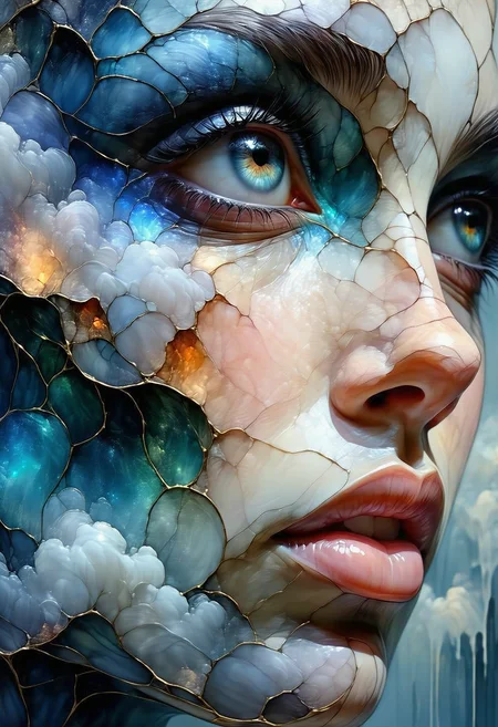 closeup, sensual pinup female, [Afremov | Ernst Haeckel | Charles Burns | Mark Ryden] clouds body suit, 
[Giovanni Boldini | Egger-Lienz | Andy Kehoe | RossDraws | Feininger] impasto oil, heavy brushstrokes,
fractal dotted tiles swamp jungle tiles,
2d 3d textured stained oil curvy-geometric art, 

[Sapphire nickel, Burgundy mercury, Magenta chromium] vector painting,

rim light, inner glow, volumetric light