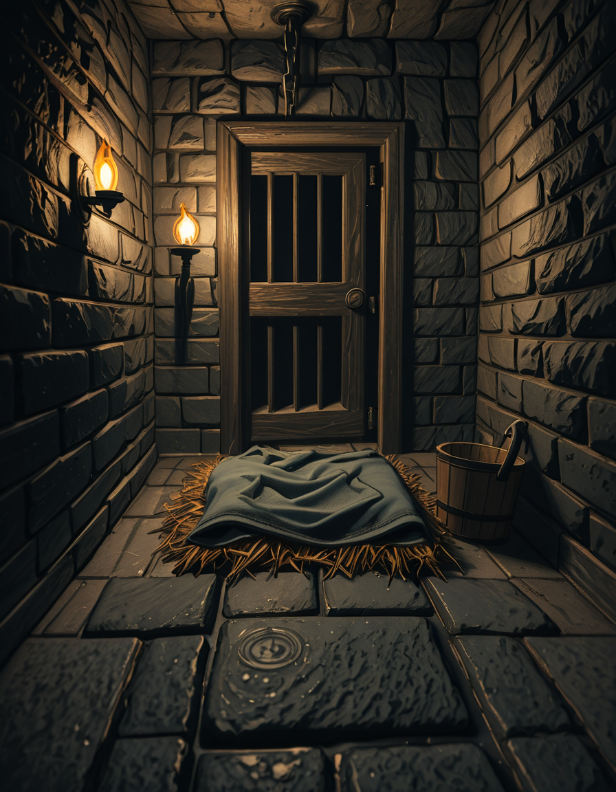 A hyper-realistic photo of a dark medieval dungeon cell inspired by Skyrim, with cold, damp stone walls covered in patches of moss and cracks. The floor is made of uneven cobblestones, partially wet with small puddles reflecting dim torchlight. An old, rusted iron-barred door is slightly ajar, casting long shadows on the ground. In the corner, a pile of straw serves as a makeshift bed, with a thin, tattered blanket thrown over it. Chains and shackles hang from the walls, showing signs of centuries of use. A small wooden bucket sits beside the bed, used as a primitive toilet. The atmosphere is heavy and oppressive, filled with a faint mist in the air. The only source of light comes from a single flickering torch mounted on the wall outside the cell, creating dramatic, warm orange glows contrasting with deep, cold shadows. The photo is taken from a slightly low angle, as if from the perspective of someone crouched on the floor inside the cell, adding a sense of claustrophobia and confinement. Ultra-realistic textures, high detail, cinematic lighting, 4K quality.
<lora:SDXLFaeTastic2400:0.4> <lora:extremely_detailed:0.4> extremely detailed,,dungeon c3ll <lora:dungeon_c3ll-i:1>, Masterpiece,best quality,hi res,8k,hi res,8k,award winning,(sharp focus, intricate, highly detailed),