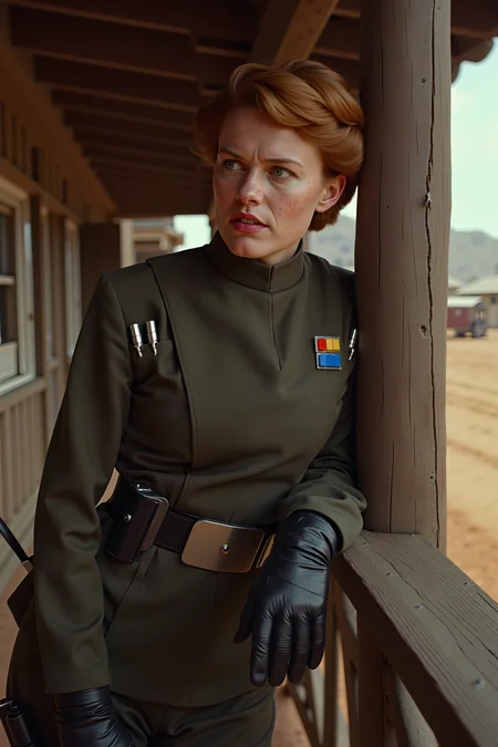 A freckled, auburn-haired imperial officer with a short, wavy cut leans against the wooden railing of a dusty frontier saloon, her uniform looking both impeccable and completely out of place in the rugged setting. A sheriffâs star has been clipped to her lapel, though her expression suggests she has no patience for the lawlessness around her. One gloved hand rests on the hilt of an antique revolver holstered at her hip, its grip polished from years of use. Her steel-blue eyes scan the dirt road outside as a gust of wind kicks up dust, her sharp posture never faltering as she waits for trouble to come her way.<lora:IMPOFF_FLUX>
