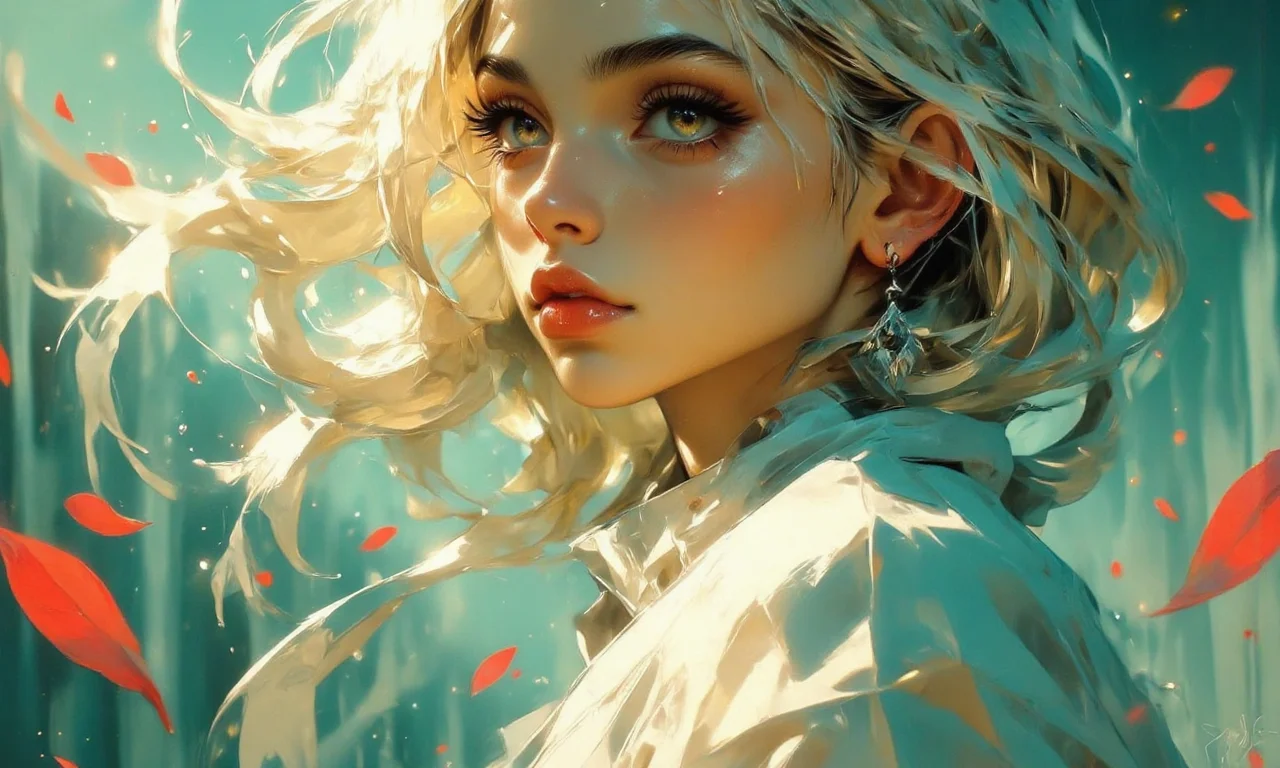 Sensational realistic extreme closeup anime painting of a woman, Long expressive painterly strokes, side view, looking away, abstract brush strokes, wide large blurred brush strokes, soft blush. dramatic lighting, blurred bokeh background, extreme up close, intimate, incredibly lifelike, dynamic flowing hair, ink smears, goosebumps, elegant long blonde hair, gorgeous composition, romanticized, white vignette effect, timeless beauty, confident yet fragile look as she gazes into the depths of the unknown. light pastel Galactic Green and Antique Aqua motion blur background, golden glowing particles, floating red petal leaves