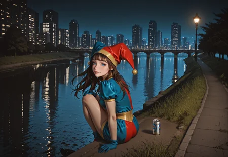 IllusP0s, masterpiece, best quality, amazing quality, newest, very aesthetic, ultra detailed, highres, absurdres, highly detailed, highly detailed background, HDR, 8K, high resolution, possmach, G0thicL1nes, muted color, high detail, very awa, BREAK, 1girl, blue eyes, blue gloves, coll-pomni, gloves, hat, jester cap, long hair, looking at viewer, puffy short sleeves, puffy sleeves, solo, small breasts, BREAK, pose, knees to chest, high up, parted lips, full body, smile, wind lift, sitting, looking back, looking at viewer, drink can, bouncing hair, from above, detailed skin, BREAK , outdoors, night, building, river, city, lamppost, sky, grass, bridge, road, cityscape, night sky, city lights, skyscraper, water, tree, real world location, reflection, embankment,