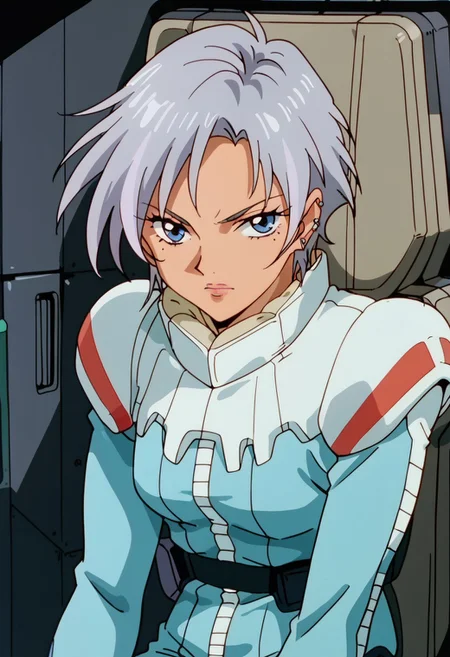 score_8, score_8_up, score_7_up, AWGXS, anime screenshot, retro artstyle,1990s (style), cel animation BREAK 1girl, female focus, solo, (dark skinned female:0.75), Helena_CF, silver hair, short hair, bangs, asymmetrical hair, blue eyes, asymmetrical earrings, ear piercing, earrings, mole under eye,  normal suit, pilot suit, blue body suit, utility belt, upper body, cockpit, straight-on, looking at viewer, sitting, serious expression, leaning forward, aggressive