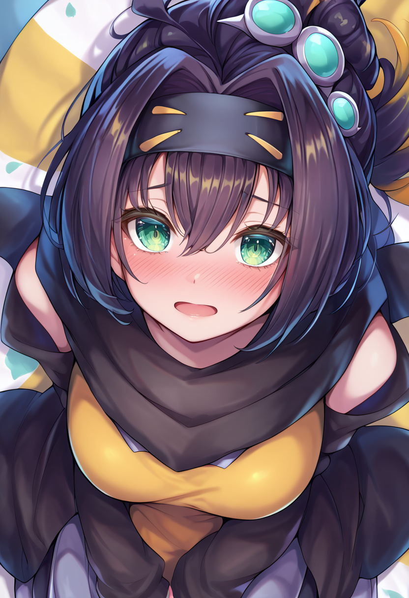 (score_9:0.9),score_8_up,score_7_up,anime style,rating_safe,(zPDXL),<lora:Sp little knight ponyXL v2:0.84>,Sp little knight,yellow clothes,black forehead protector,silver hair ornament,1girl,blush,looking at viewer,open mouth,solo focus,looking above,
