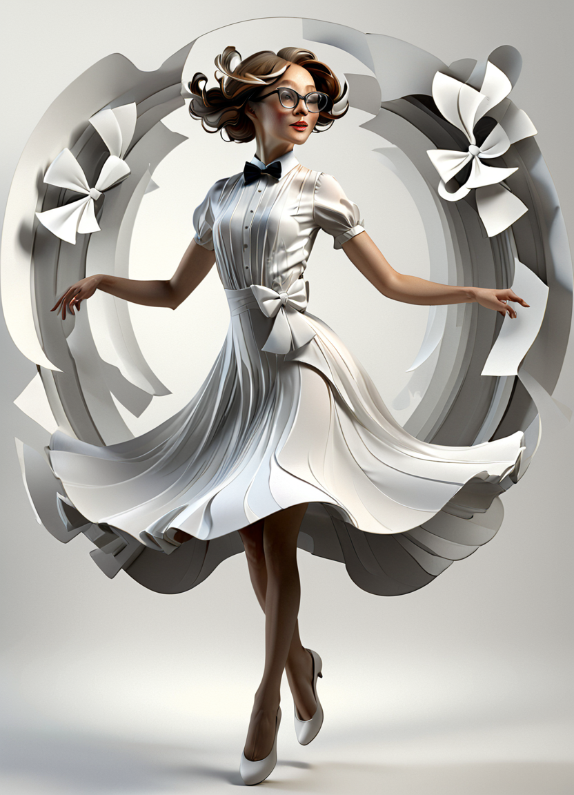 woman, floating dress, dancing, glasses, bow tie, 3d, render, white, 3d shadows, abstract, art nouveau style,
 <lora:3DPrintingXL:0.8> WhiteMold,
<lora:artfully_ECHELIERV2:0.8>