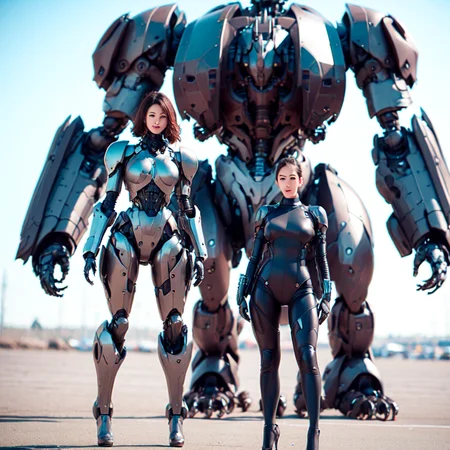 photo, a woman in a body suit standing in front of a giant robot (MechAssassin style:1) <lora:djzMechAssassinV21:0.8>