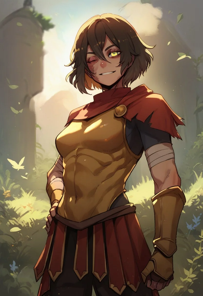 score_9,score_8_up,score_7_up,score_6_up,source anime, 1girl, short hair, one eye closed, smile, yellow eyes, armor, hands at hips