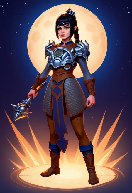score_9, score_8_up, score_7_up, BREAK 1girl, solo, ShhBG3, green eyes, freckles, nose scar, pointy ears, long hair, ponytail, black hair, fringe, <lora:ShadowheartBG3PDXL_V1-Manityro-adamw:1.0>, space background, magic, dark, night, starry sky, moon, looking at viewer, ShhArm, circlet, chainmail, armor, shoulder armor, breastplate, holding mace, weapon, side view, full body, hand up, shield