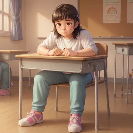 score_8, score_9, break, grace_io2, black hair, brown eyes, classroom, sitting, shirt, pants, sneakers, cute