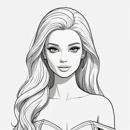 black and white, line art, coloring drawing of barbie <lora:Coloring_book_-_LineArt:0.6>, white background, thick outlines