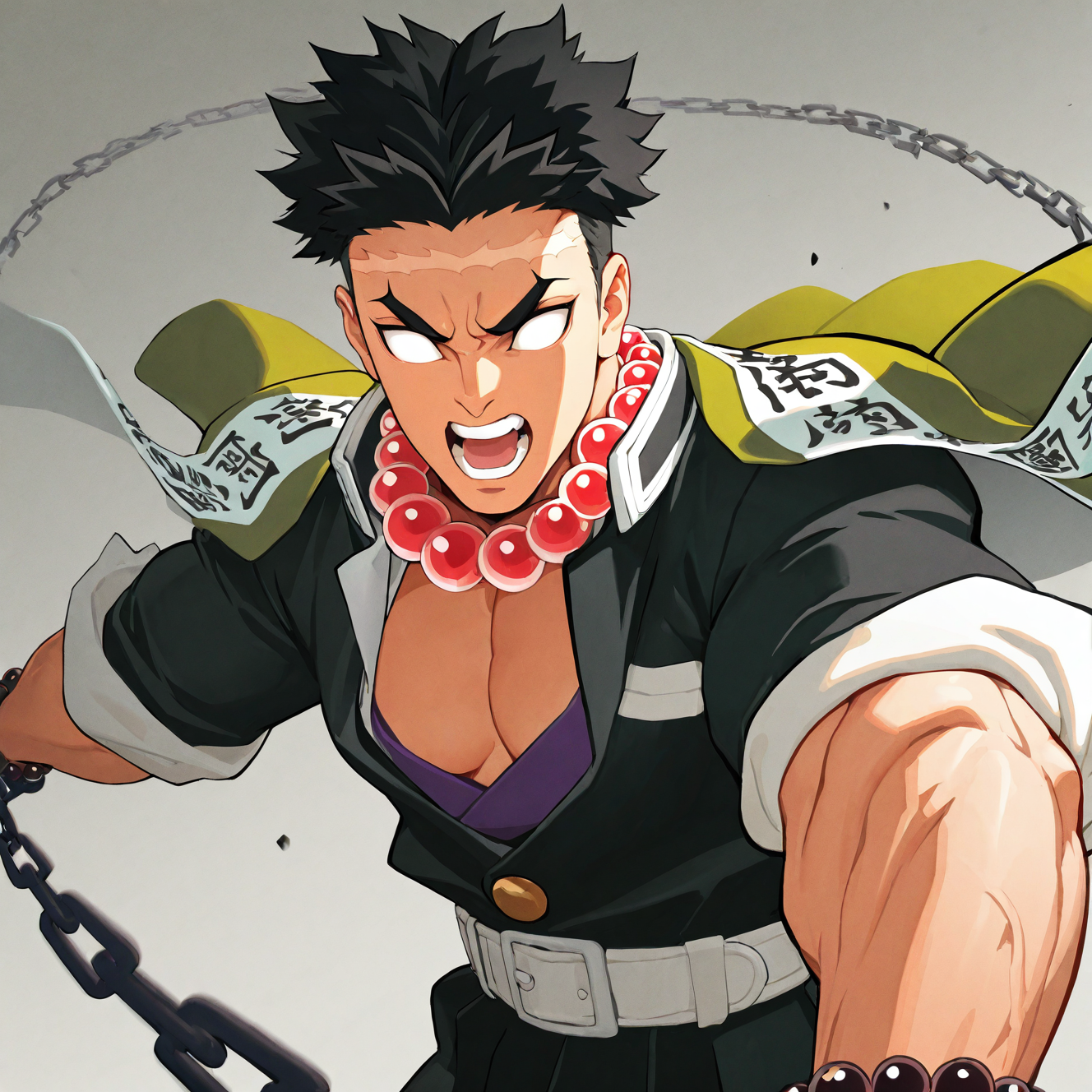 <lora:GYOMEI:1>
gyomei, solo, open mouth, short hair, black hair, 1boy, holding, jewelry, jacket, upper body, male focus, weapon, teeth, japanese clothes, belt, holding weapon, necklace, cape, black jacket, muscular, glowing, scar, chain, muscular male, pectorals, spiked hair, scar on face, glowing eyes, angry, sleeves rolled up, beads, jacket on shoulders, haori, white eyes, no pupils, pectoral cleavage, white belt, bead necklace, blank eyes, shouting, demon slayer uniform, scar on forehead, prayer beads, holding chain
, motion blur, film grain, abstract, natural lighting, fantasy, cinematic, dynamic view, tilted angle, very awa, masterpiece, best quality, absurdres, newest, perfect quality, detailed background, intricate details, (artist:fl \(l-fl\):0.7), (artist:tooboshoo:0.7), (artist:dizdoodz:0.8)