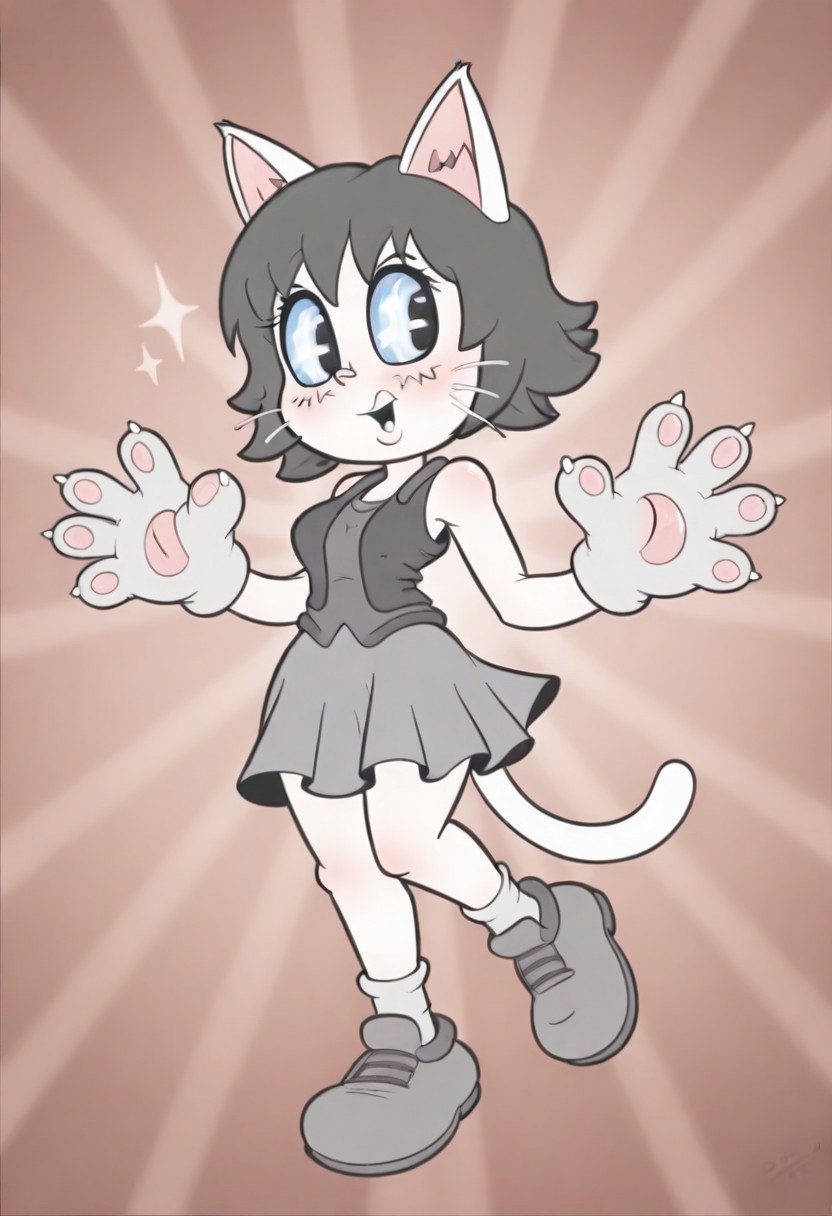 masterpiece, best quality, highly detailed, high resolution, absurdres, amazing quality, intricate detail,  RetroXL, toon \(style\), flat color, black eyes, cat ears, cat tail, whiskers, big eyes, large head, small body, eye sparkle, starburst background, skirt, socks, shoes, vest, sleeveless, paw gloves, large paws,