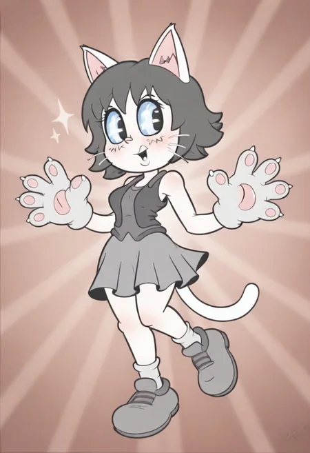 masterpiece, best quality, highly detailed, high resolution, absurdres, amazing quality, intricate detail, RetroXL, toon \(style\), flat color, black eyes, cat ears, cat tail, whiskers, big eyes, large head, small body, eye sparkle, starburst background, skirt, socks, shoes, vest, sleeveless, paw gloves, large paws,