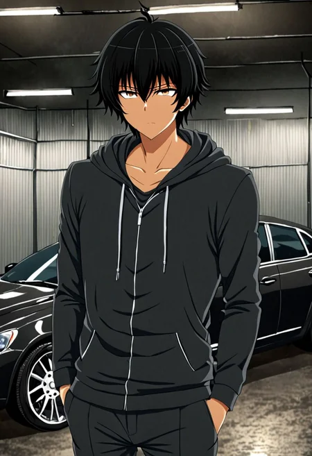 high resolution, solo, best quality, 1Boy, Seiya Kanie, black hair, short hair, thin, lounge suit, hoodie, car garage, OverallDetail