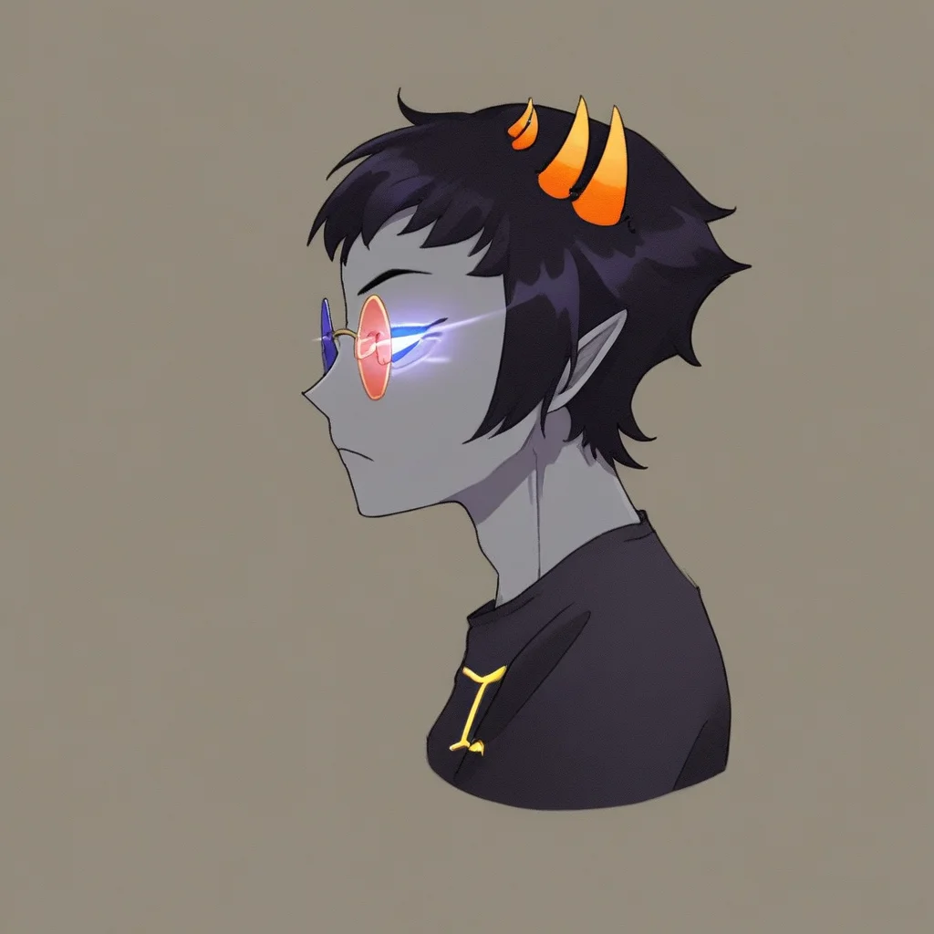 Sollux Captor, four horns, grey skin, side profile, sunglasses, glowing eyes
