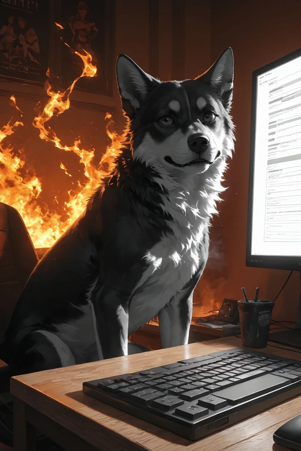 looking at viewer,detailed background,Cinematic Lighting,film grain,score_9,score_8_up,score_7_up,masterpiece,best quality,highly detailed,
<lora:(增强)sdxl_lightning_8step_lora:1>,<lora:glowneon_xl_v1:1>,glowing,<lora:Expressive_H:0.8>,Expressiveh,<lora:MythM4ngaStyle:0.4>,
realistic,computer,(no humans),keyboard (computer),monitor,english text,dog,(fire:1.2),animal,indoors,(burning:1.2),(black and red theme:1.1),(monochrome:1.1),(greyscale:1.1),