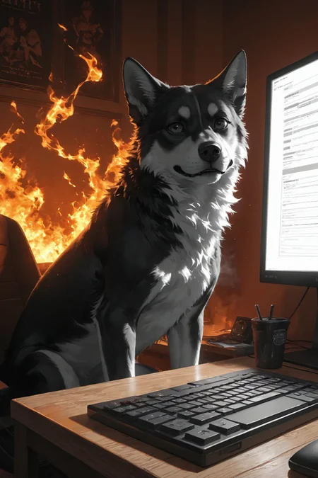 looking at viewer,detailed background,Cinematic Lighting,film grain,score_9,score_8_up,score_7_up,masterpiece,best quality,highly detailed,
<lora:(增强)sdxl_lightning_8step_lora:1>,<lora:glowneon_xl_v1:1>,glowing,<lora:Expressive_H:0.8>,Expressiveh,<lora:MythM4ngaStyle:0.4>,
realistic,computer,(no humans),keyboard (computer),monitor,english text,dog,(fire:1.2),animal,indoors,(burning:1.2),(black and red theme:1.1),(monochrome:1.1),(greyscale:1.1),