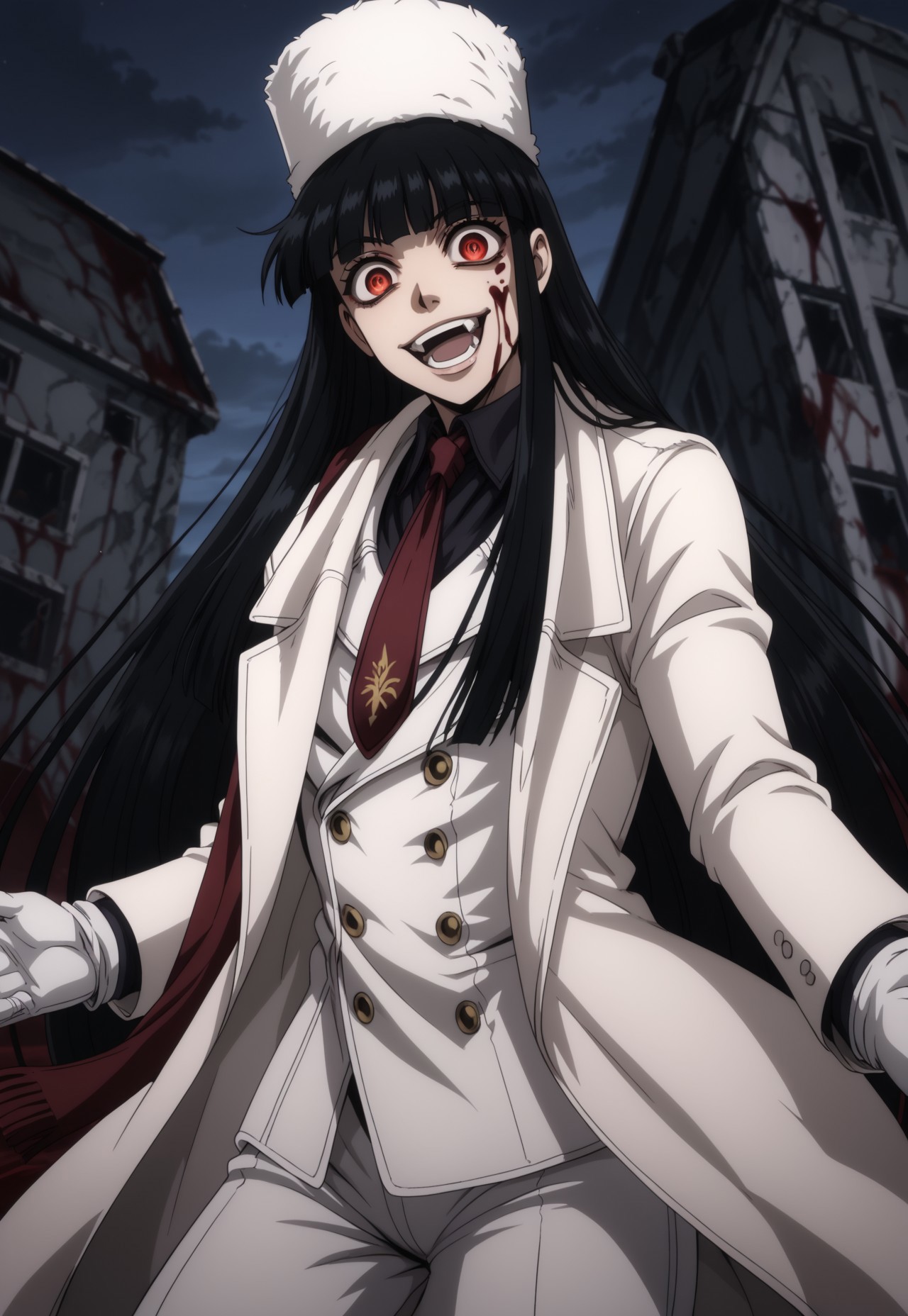 safe_pos, score_9, score_8_up, score_7_up, masterpiece, best quality, Girlycard, solo, 1girl, female focus, female, black hair, long hair, hime cut, blunt bangs, red eyes, fur hat, white jacket, black shirt, red necktie, white coat, white scarf, white gloves, white pants, cowboy shot, crazy eyes, laughing, fangs, dynamic pose, blood on face, blood on clothes, blood splatters, perspective, night, abandoned house