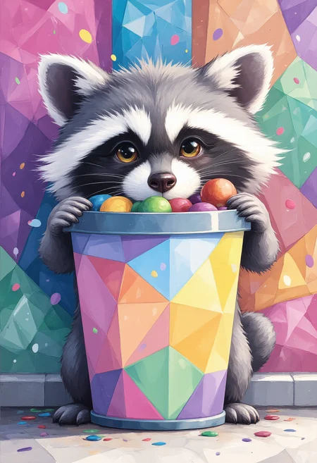 Illustrate an adorable polygonal raccoon peeking out from behind an abstract trash can filled with colorful items using shades of gray and black for its fur while employing sharp angles to define its features playfully against a vibrant urban backdrop filled with stylized graffiti.
ArsMJStyle, Oil Pastels, Flat illustration, colorful, polygonal art, abstract.