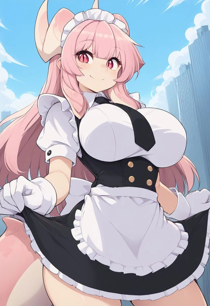 score_9, score_8_up, score_7_up, source_anime,
dragonilulu, <lora:dragon-ilulu-ponyxl-lora-nochekaiser:1>,
ilulu, curled horns, horns, long hair, multicolored hair, purple hair, red eyes, red hair, slit pupils, smile, huge breasts, curvy, blue sky, looking at viewer, cowboy shot, dutch angle, gloves, dress, tail, short sleeves, necktie, white gloves, maid, maid headdress,