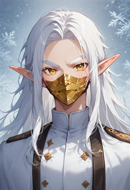 (masterpiece), (best quality), source_anime+, perfect anatomy, HD, 10k Res, digital_media_(artwork) hi_res, intricate, high quality, amazing quality, Expressive Face, (1boy, Gold Eyes, (Gold Face Mask), Not Handsome, Average, ((White Hair, White Eyebrows) Long Hair, Thick Hair, Twenty Years Old, Frost_Elf)), Drestoria-Style_V1, semi-realism, nose
