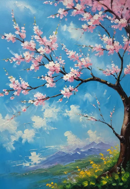 oil painting, Cherry blossoms, Sky (blue), Flowers (pink), Natural scenery, Fresh and clean, Cherry blossom tree, Springtime, Beautiful landscape, Sunlight, Warm atmosphere<lora:xl_more_art-full_v1:0.3><lora:oil_SDXL_v1.0:0.8>