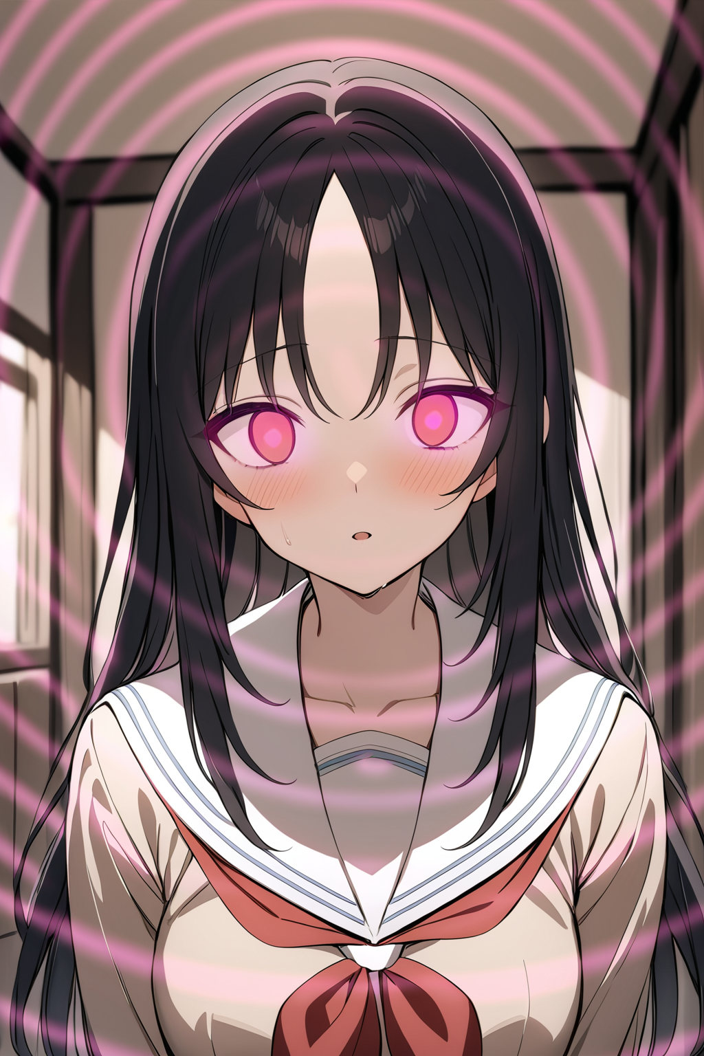 masterpiece, best quality, 1girl,  school uniform, black hair, long hair, serafuku, white sailor collar, red ribbon,upper body,  <lora:hypno_wave_sdxl:0.8> (hypno wave:1.2), glowing eyes, looking at viewer, expressionless,