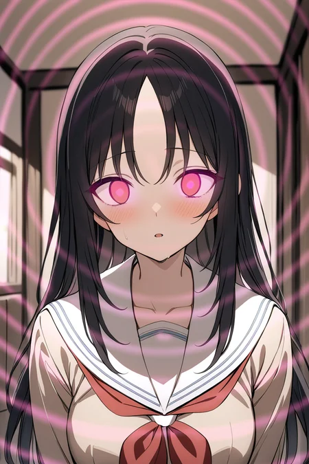 masterpiece, best quality, 1girl, school uniform, black hair, long hair, serafuku, white sailor collar, red ribbon,upper body, <lora:hypno_wave_sdxl:0.8> (hypno wave:1.2), glowing eyes, looking at viewer, expressionless,