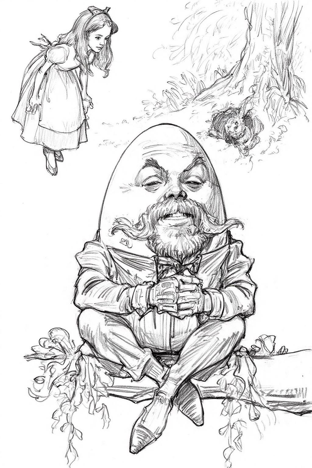 Pencil sketch.
Humpty Dumpty, a large egg-shaped character sitting on a branch in a ruffled outfit with a walrus mustache, his hands clasped with thumbs touching. In the background, Alice in Wonderland, a young girl in a dress with an apron, is looking at a rabbit emerging from a hole under a tree trunk <lora:iainmccaig1_cap_d8a4e12:1.0><lora:864332666458089875:0>