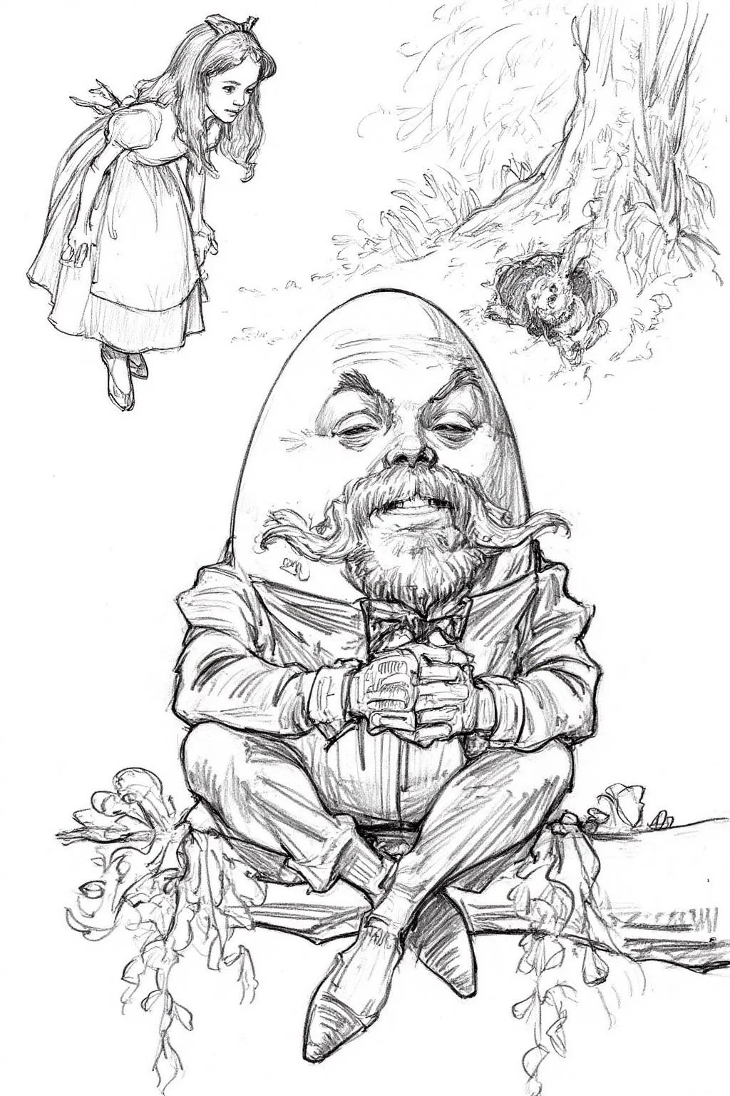 Pencil sketch.
Humpty Dumpty, a large egg-shaped character sitting on a branch in a ruffled outfit with a walrus mustache, his hands clasped with thumbs touching. In the background, Alice in Wonderland, a young girl in a dress with an apron, is looking at a rabbit emerging from a hole under a tree trunk <lora:iainmccaig1_cap_d8a4e12:1.0><lora:864332666458089875:0>
