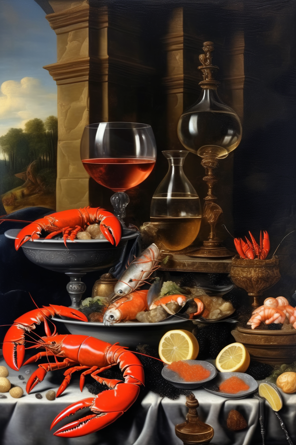 <lora:Pieter Claesz Style:1>Pieter Claesz Style - still life in the style of Renaissance paintings, on the table are seafood, lobsters, red fish, black caviar, white wine in a crystal jug, in the interior of a medieval palace