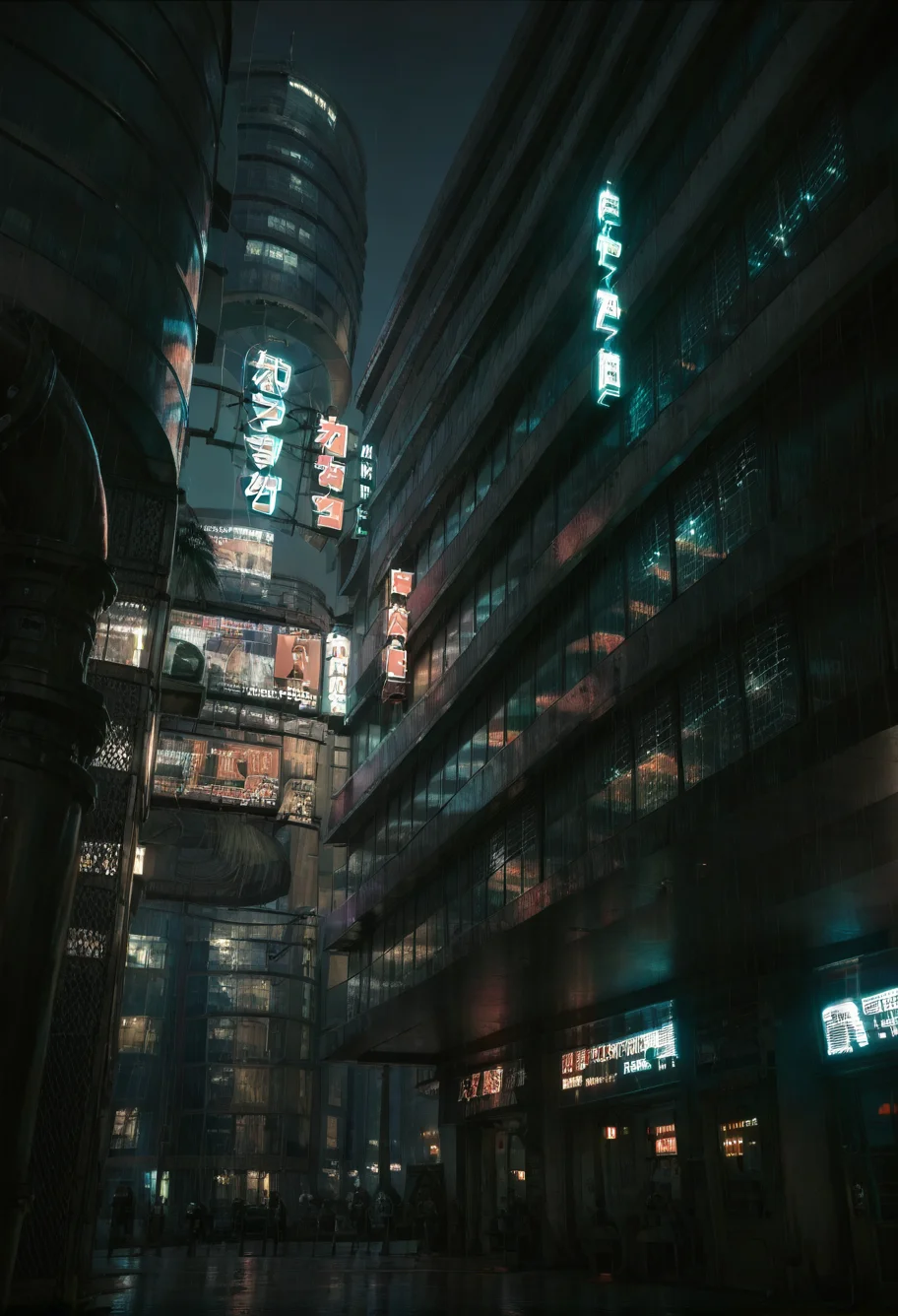 ,ruanyi0887,skyscraper,outdoors,night,neon lights,<lora:0887 Commercial street at night_v1_pony:1>, score_9,score_8_up,score_7_up,,8k,1girl,solo,,