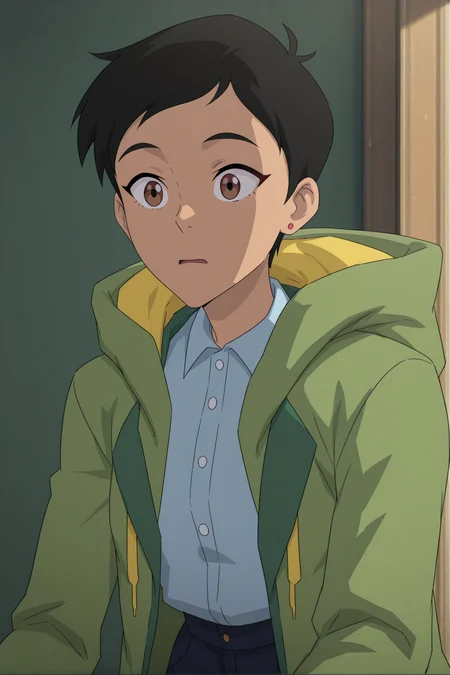 <lora:Lois_Lane_My_Adventures_With_Superman:1> mawsll, 1girl, black hair, brown eyes, green hoodie