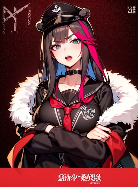 1girl, animal ears, solo, hat, blue eyes, fur trim, bear ears, looking at viewer, long hair, multicolored hair, brown hair, sailor collar, crossed arms, upper body, streaked hair, red hair, bangs, open mouth, jacket, choker, long sleeves, v-shaped eyebrows, black choker, black sailor collar, peaked cap, fur-trimmed jacket, open clothes, neckerchief, black headwear, red neckerchief, character name, shirt, collarbone, black jacket, school uniform