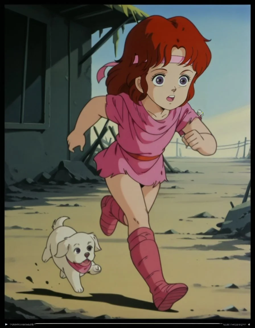 masterpiece, best quality, holding a small white dog, full body, running,
<lora:Lin:1>, L1n, red hair, headband, purple eyes, female child, retro artstyle, torn clothes, shirt, knee boots, retro artstyle, anime coloring,
