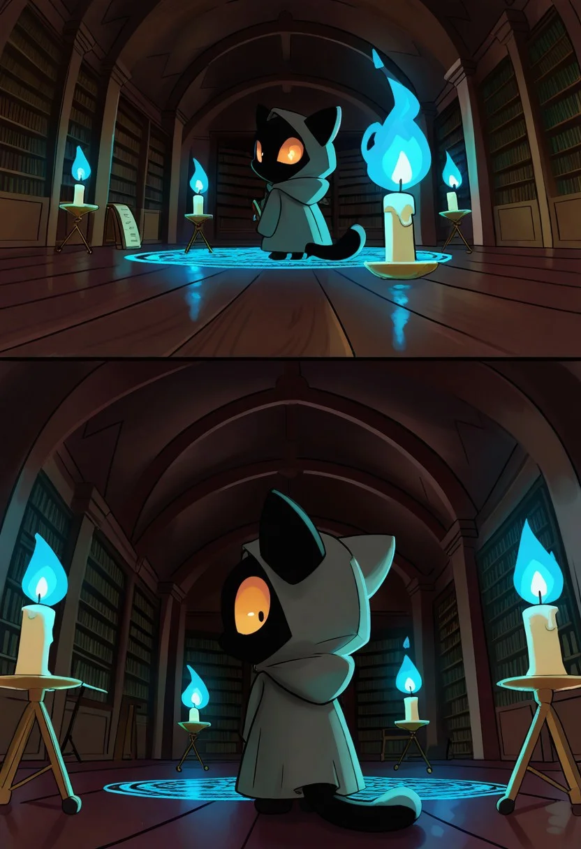 masterpiece, best quality, perfect anatomy, very aesthetic, ozoneserpent, cat, black fur, grey robe, hood, no mouth, orange sclera, music stand, scroll, magic circle, panicking, tremor, candle, blue fire, library, dark, from behind, looking back, scenery